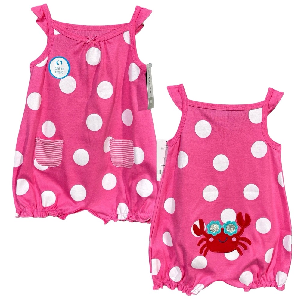 Carter's Baby Girls Cotton‎ Romper One-Piece Outfit Size 3M Pink Polka Dot Crab